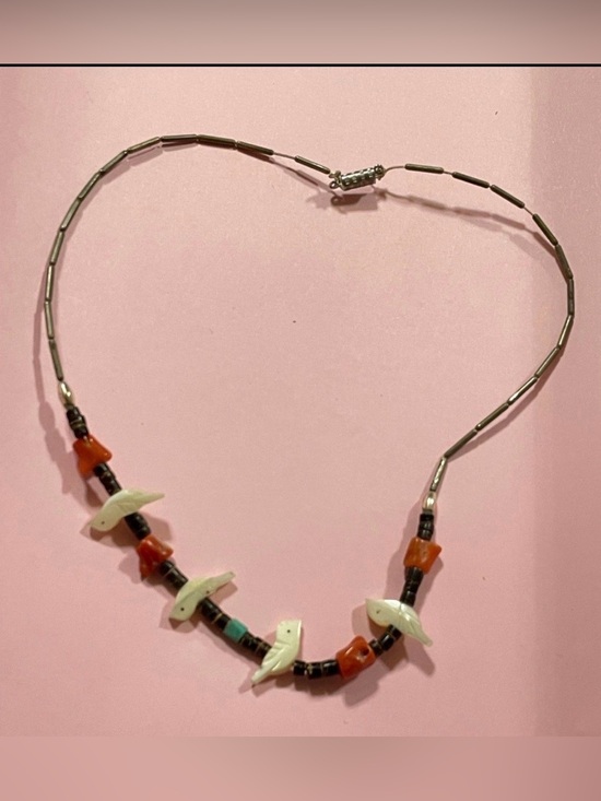 Jewelry - Vintage Native Turquoise Heishi Coral MOP Bird Liquid Silver Necklace #6755 💎
